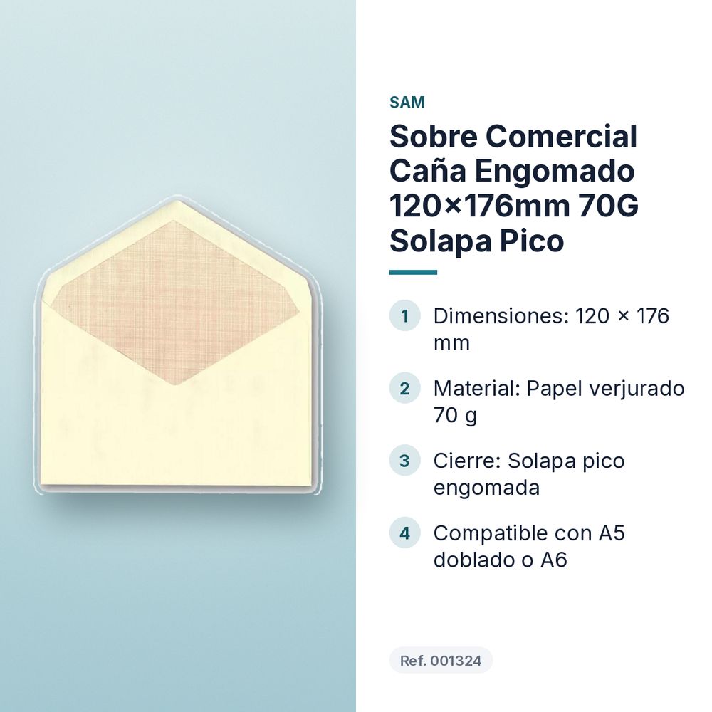 SOBRE COMERCIAL CAÑA ENGOMADO 120X176MM 70G SOLAPA PICO - características principales