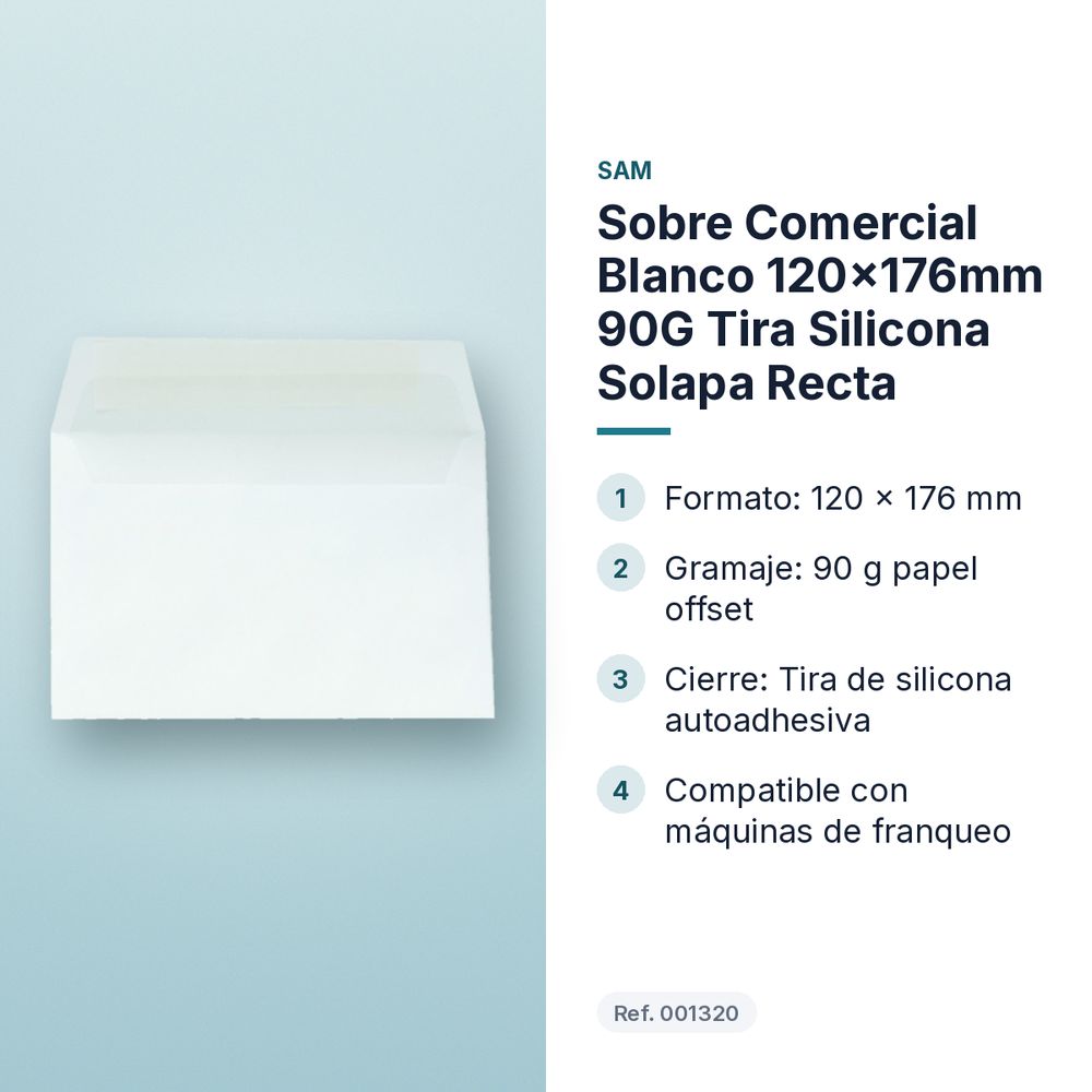 SOBRE COMERCIAL BLANCO 120X176MM 90G TIRA SILICONA SOLAPA RECTA  - características principales