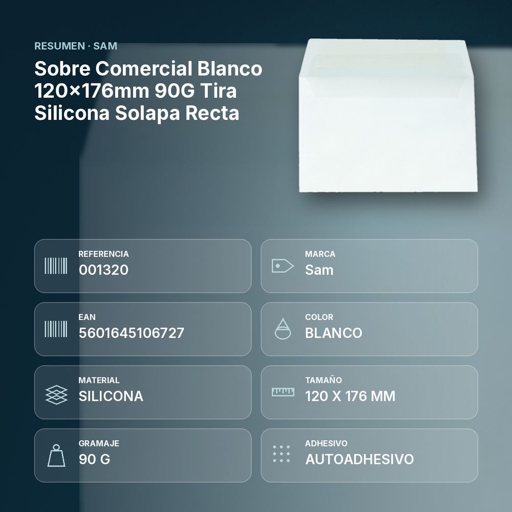 SOBRE COMERCIAL BLANCO 120X176MM 90G TIRA SILICONA SOLAPA RECTA  - resumen de atributos