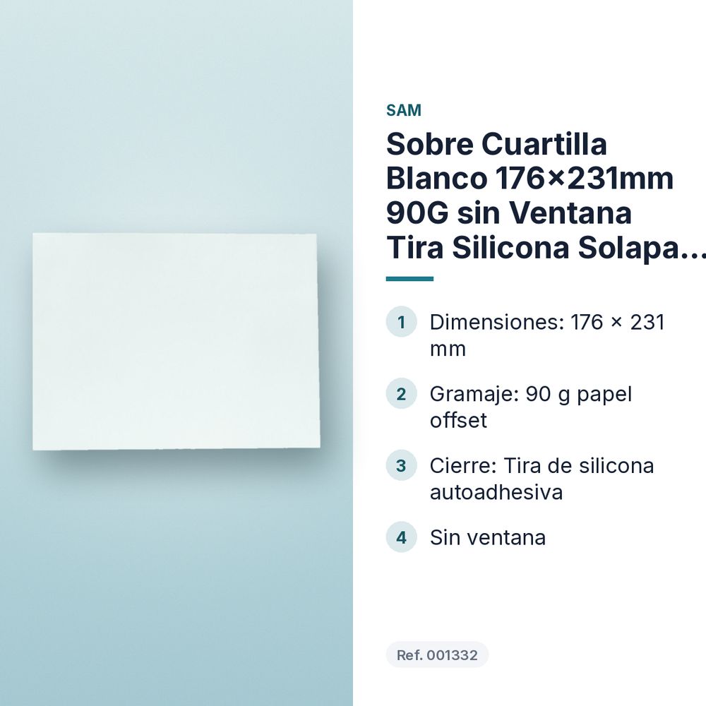 SOBRE CUARTILLA BLANCO 176X231MM 90G SIN VENTANA TIRA SILICONA SOLAPA RECTA - características principales