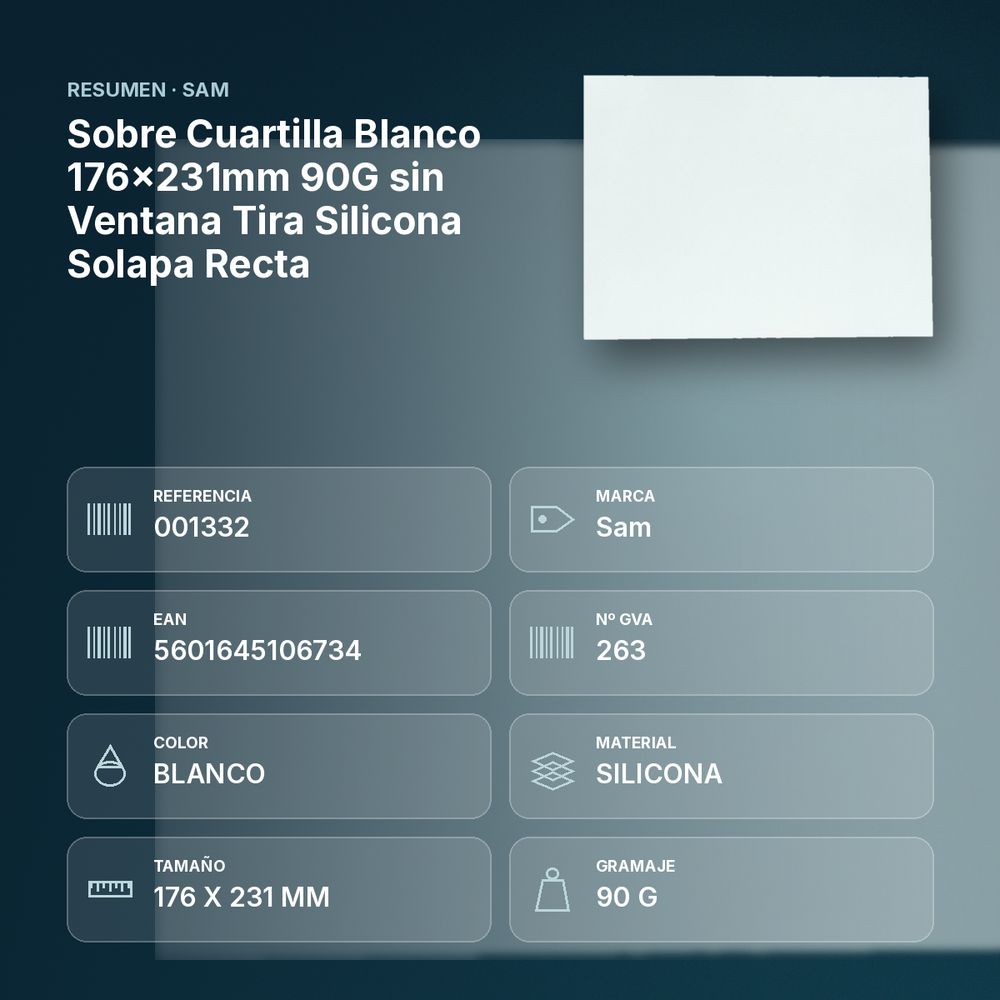 SOBRE CUARTILLA BLANCO 176X231MM 90G SIN VENTANA TIRA SILICONA SOLAPA RECTA - resumen de atributos
