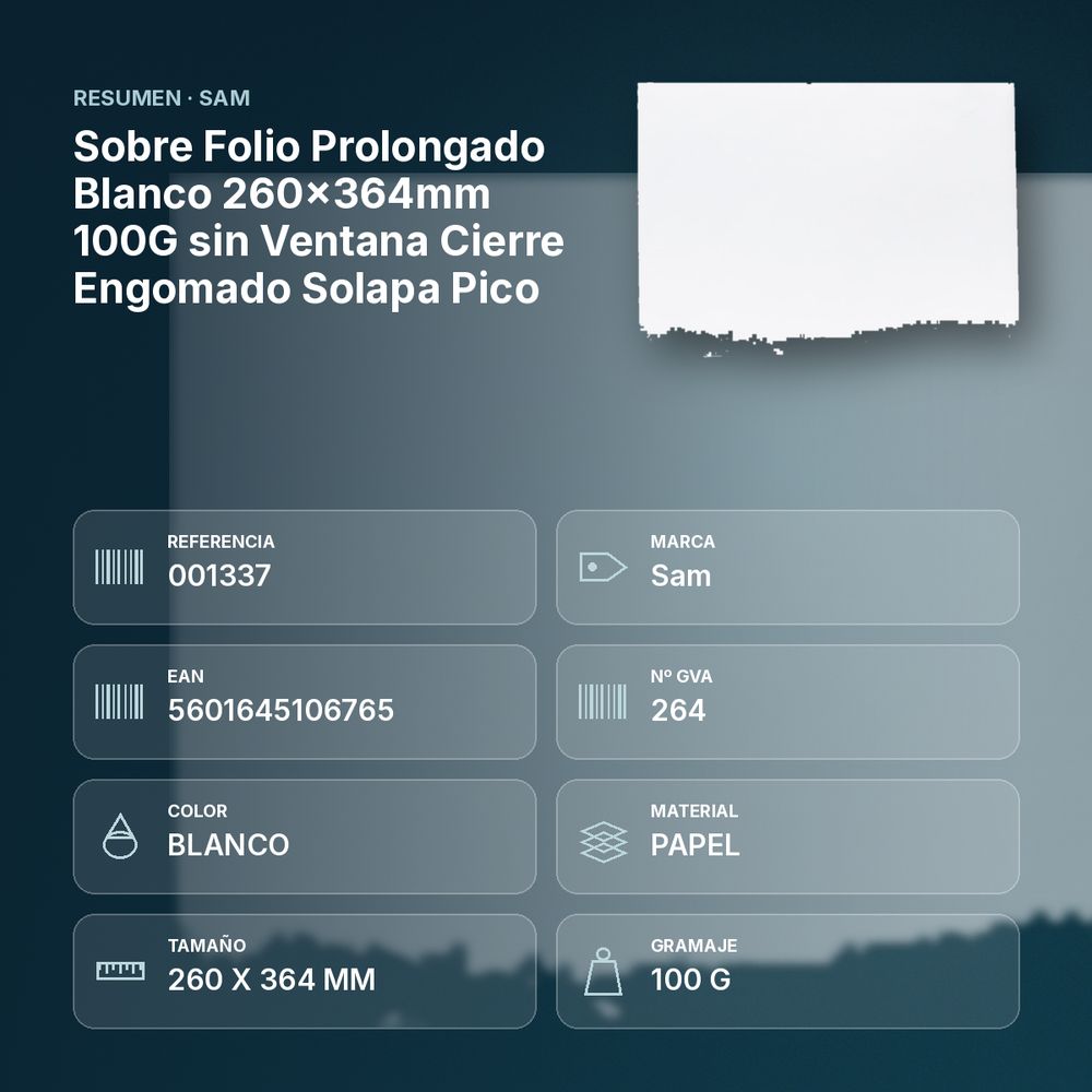 SOBRE FOLIO PROLONGADO BLANCO 260X364MM 100G SIN VENTANA CIERRE ENGOMADO SOLAPA PICO - resumen de atributos