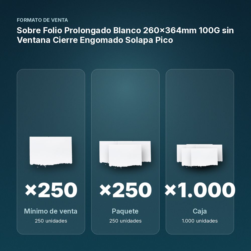 SOBRE FOLIO PROLONGADO BLANCO 260X364MM 100G SIN VENTANA CIERRE ENGOMADO SOLAPA PICO - formato de venta: paquete de 250, caja de 1000