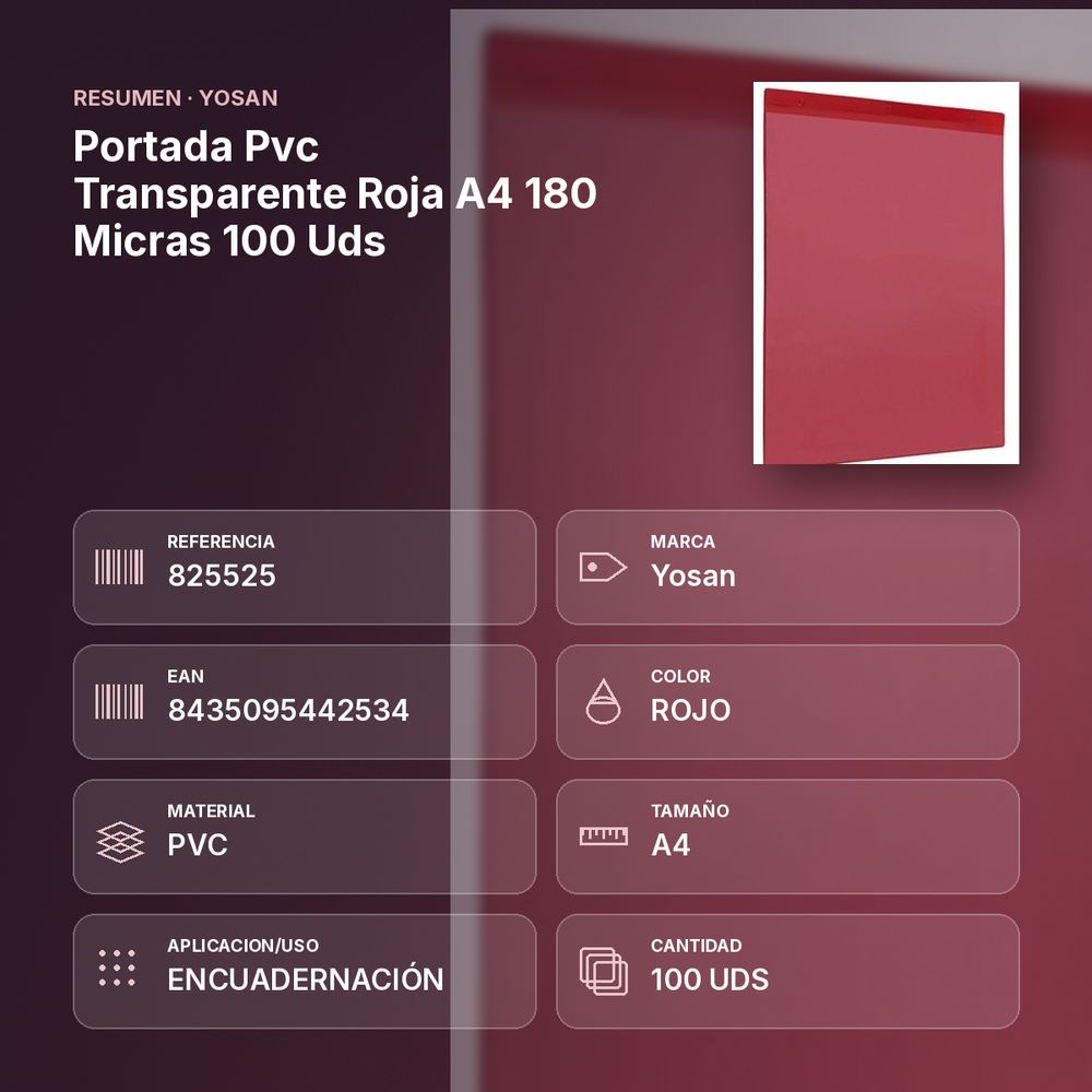 PORTADA PVC TRANSPARENTE ROJA A4 180 MICRAS 100 UDS - resumen de atributos