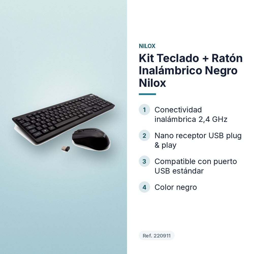 KIT TECLADO + RATÓN INALÁMBRICO NEGRO NILOX - características principales
