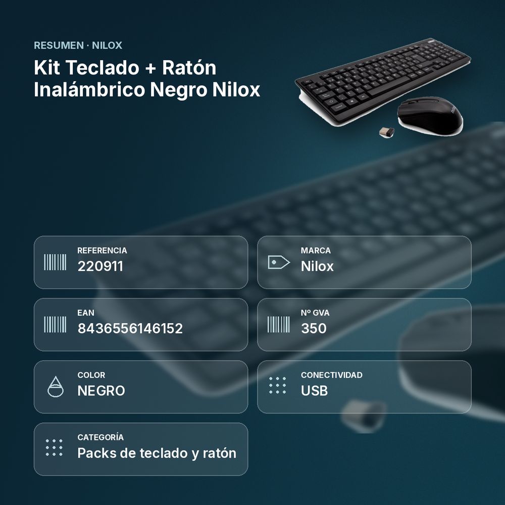 KIT TECLADO + RATÓN INALÁMBRICO NEGRO NILOX - resumen de atributos