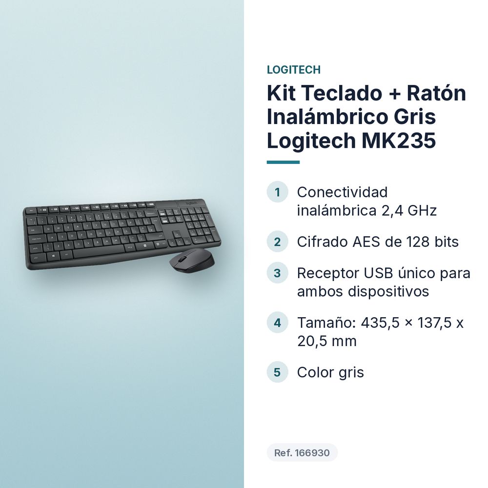 KIT TECLADO + RATÓN INALÁMBRICO GRIS LOGITECH MK235 - características principales