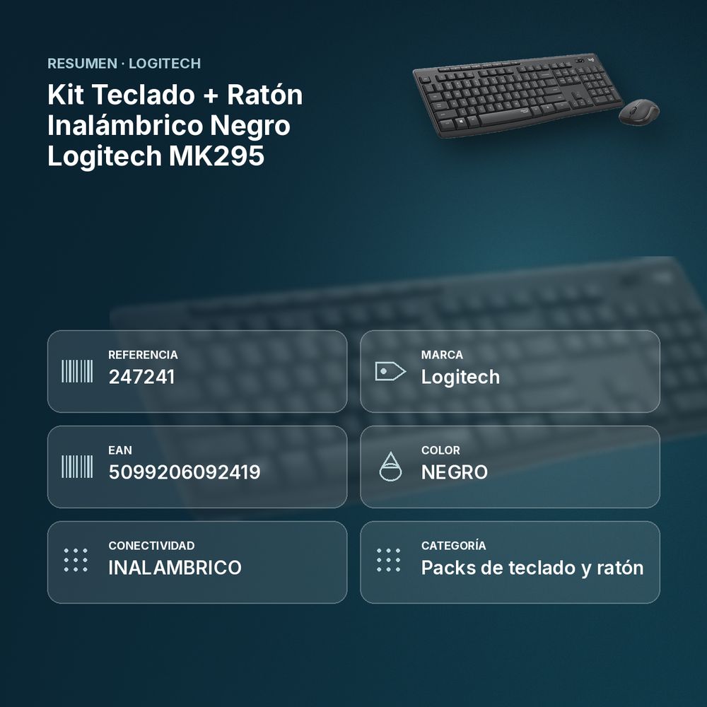 KIT TECLADO + RATÓN INALÁMBRICO NEGRO LOGITECH MK295 - resumen de atributos