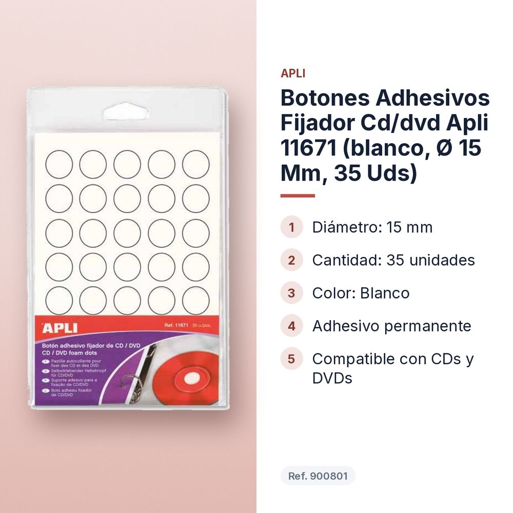 BOTONES ADHESIVOS FIJADOR CD/DVD APLI 11671 (BLANCO, Ø 15 MM, 35 UDS) - características principales