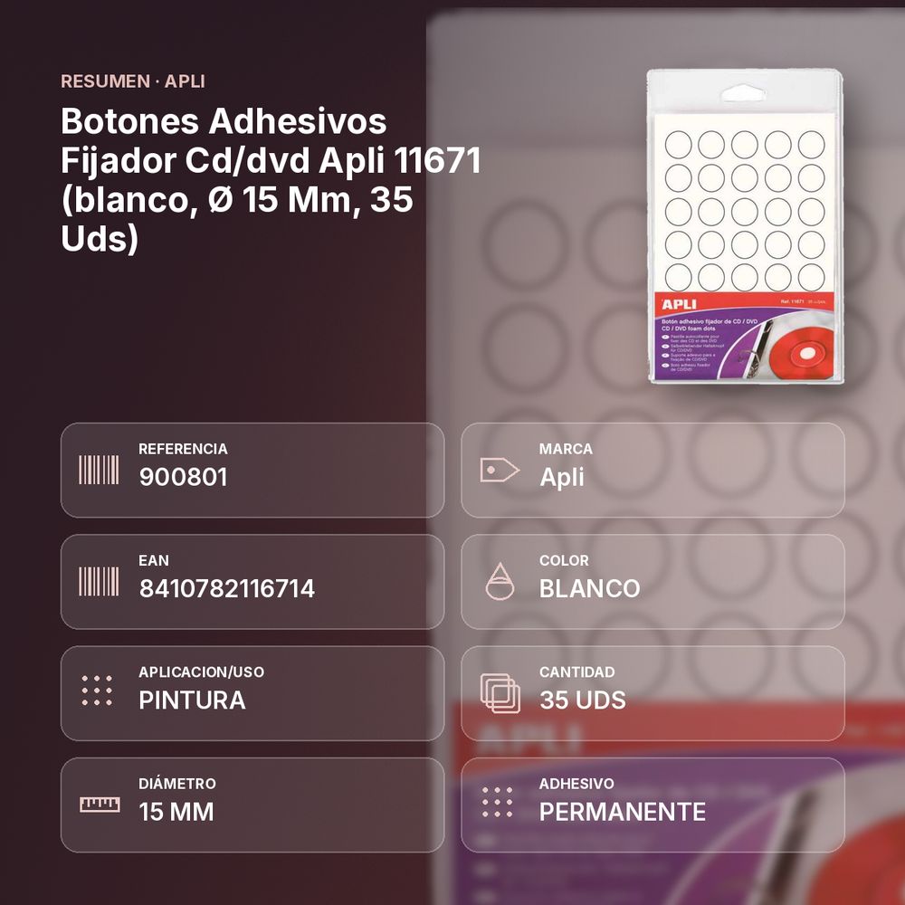 BOTONES ADHESIVOS FIJADOR CD/DVD APLI 11671 (BLANCO, Ø 15 MM, 35 UDS) - resumen de atributos