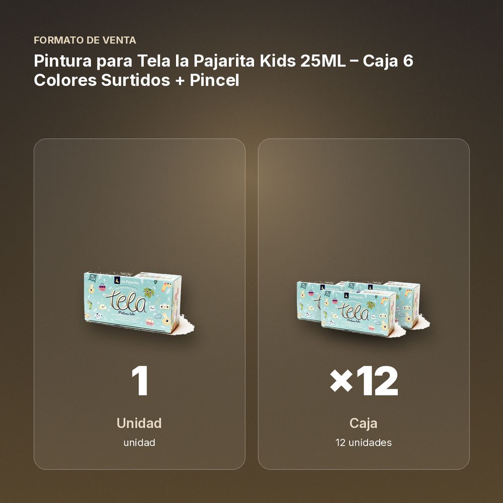 PINTURA PARA TELA LA PAJARITA KIDS 25ML – CAJA 6 COLORES SURTIDOS + PINCEL - formato de venta: caja de 12