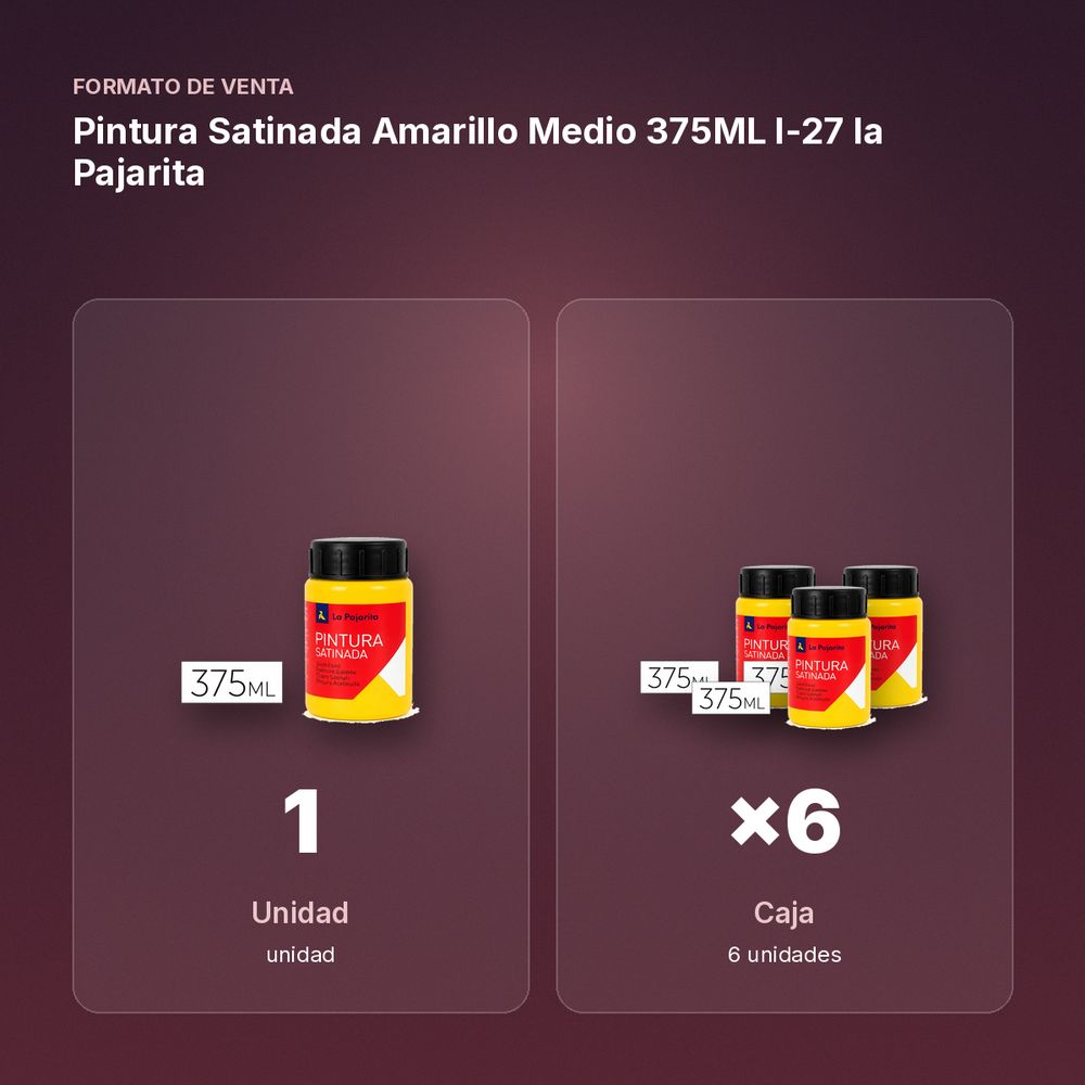 PINTURA SATINADA AMARILLO MEDIO 375ML L-27 LA PAJARITA - formato de venta: caja de 6