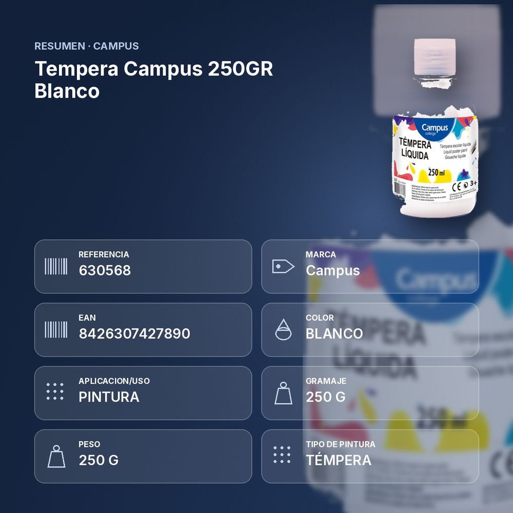 TEMPERA CAMPUS 250GR BLANCO - resumen de atributos