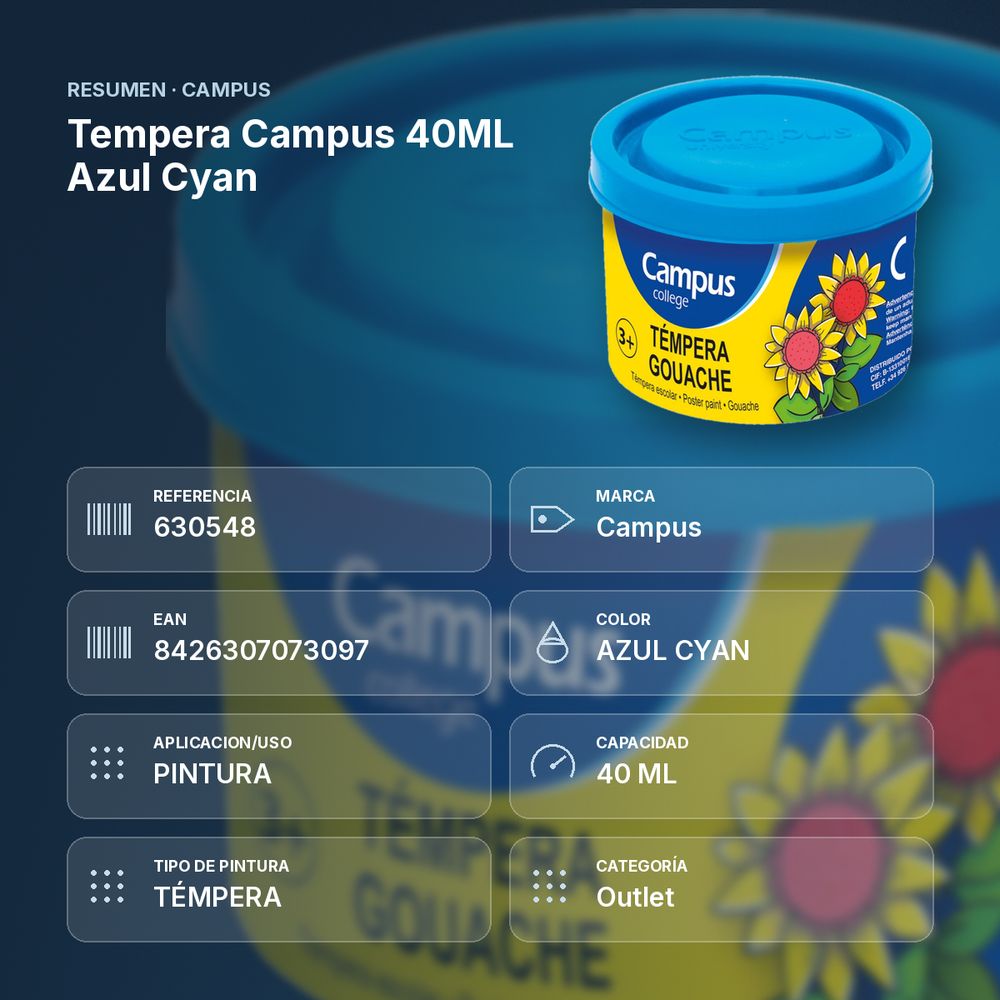 TEMPERA CAMPUS 40ML AZUL CYAN - resumen de atributos
