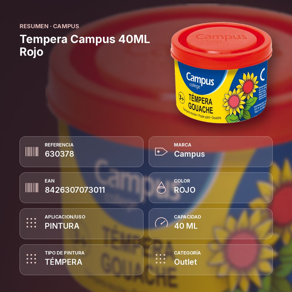 TEMPERA CAMPUS 40ML ROJO - resumen de atributos