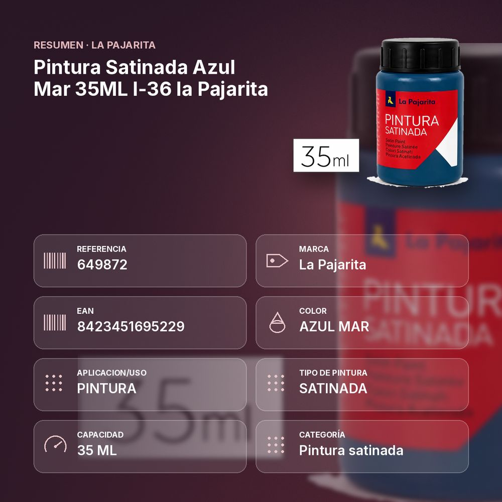 PINTURA SATINADA AZUL MAR 35ML L-36 LA PAJARITA - resumen de atributos