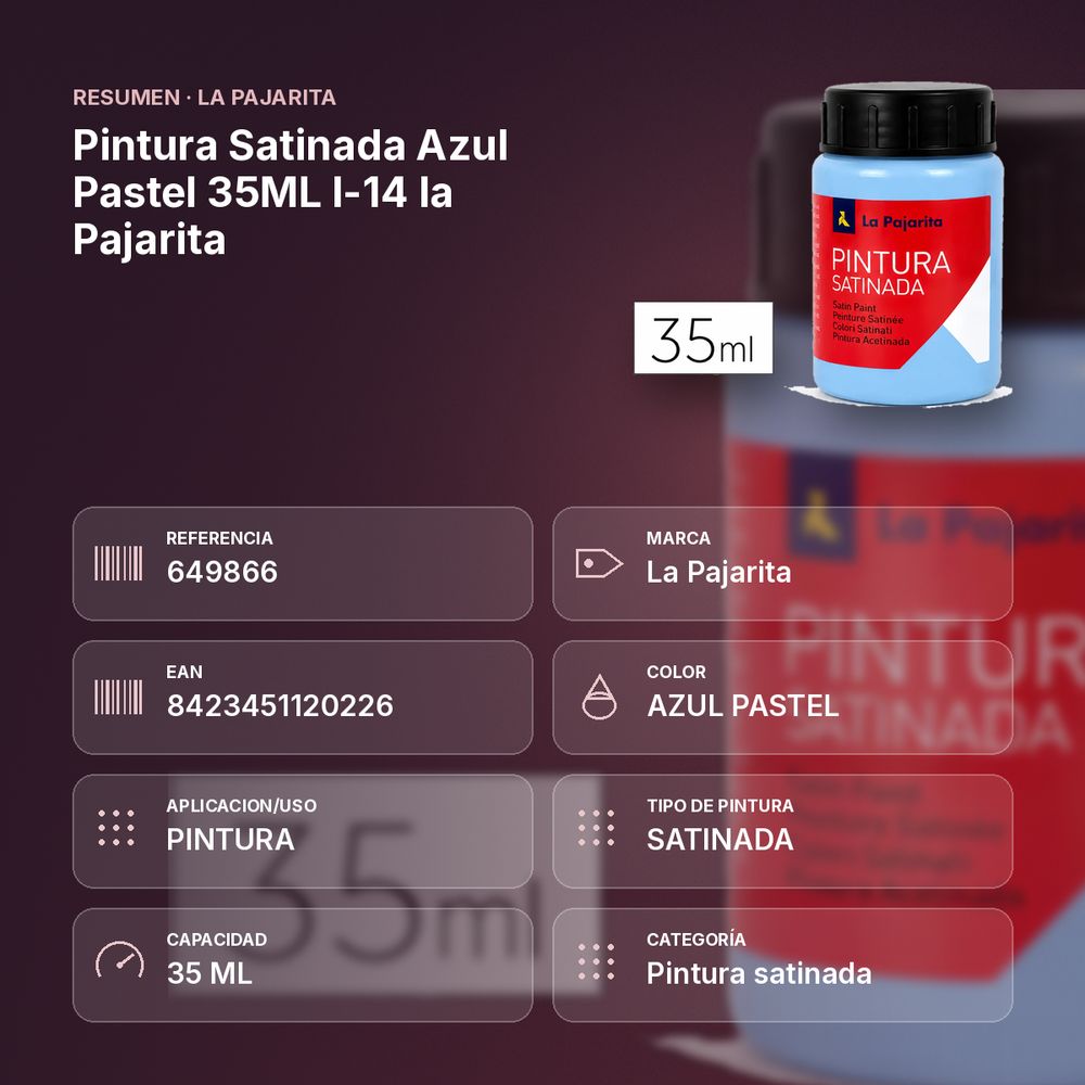 PINTURA SATINADA AZUL PASTEL 35ML L-14 LA PAJARITA - resumen de atributos