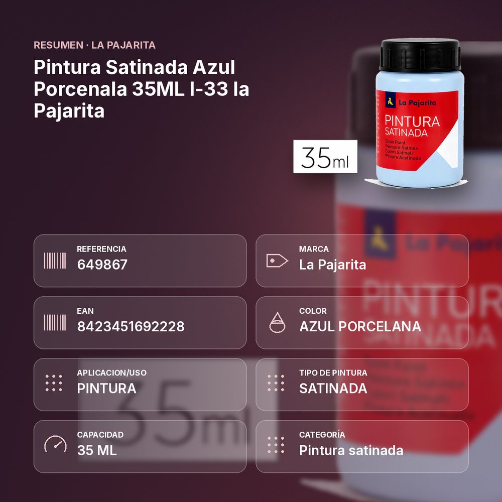 PINTURA SATINADA AZUL PORCENALA 35ML L-33 LA PAJARITA - resumen de atributos