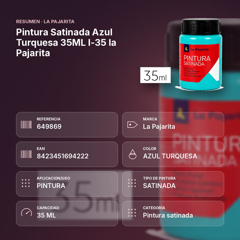 PINTURA SATINADA AZUL TURQUESA 35ML L-35 LA PAJARITA - resumen de atributos
