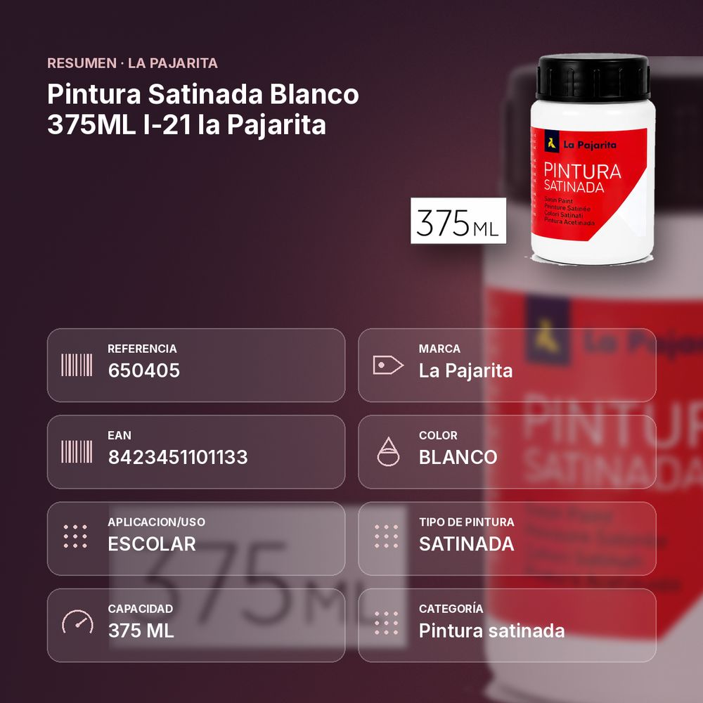 PINTURA SATINADA BLANCO 375ML L-21 LA PAJARITA - resumen de atributos