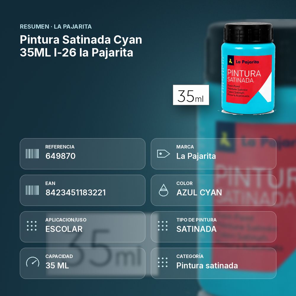 PINTURA SATINADA CYAN 35ML L-26 LA PAJARITA - resumen de atributos