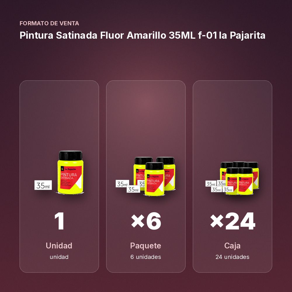 PINTURA SATINADA FLUOR AMARILLO 35ML F-01 LA PAJARITA - formato de venta: paquete de 6, caja de 24