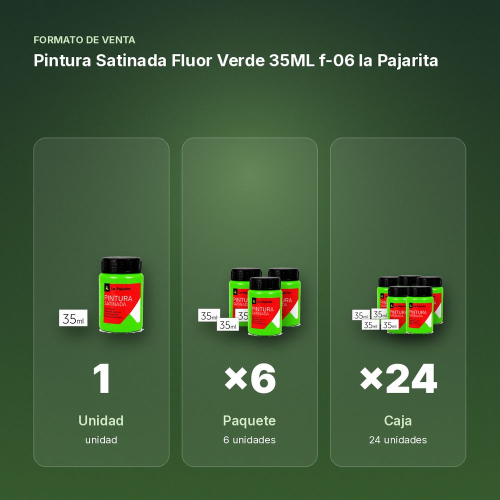 PINTURA SATINADA FLUOR VERDE 35ML F-06 LA PAJARITA - formato de venta: paquete de 6, caja de 24
