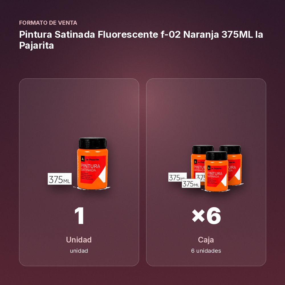 PINTURA SATINADA FLUORESCENTE F-02 NARANJA 375ML LA PAJARITA - formato de venta: caja de 6