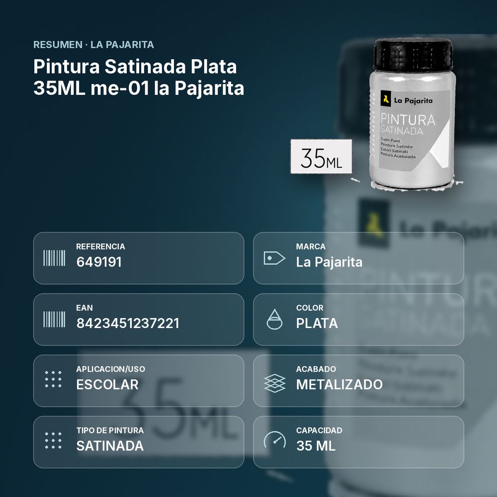 PINTURA SATINADA PLATA 35ML ME-01 LA PAJARITA - resumen de atributos
