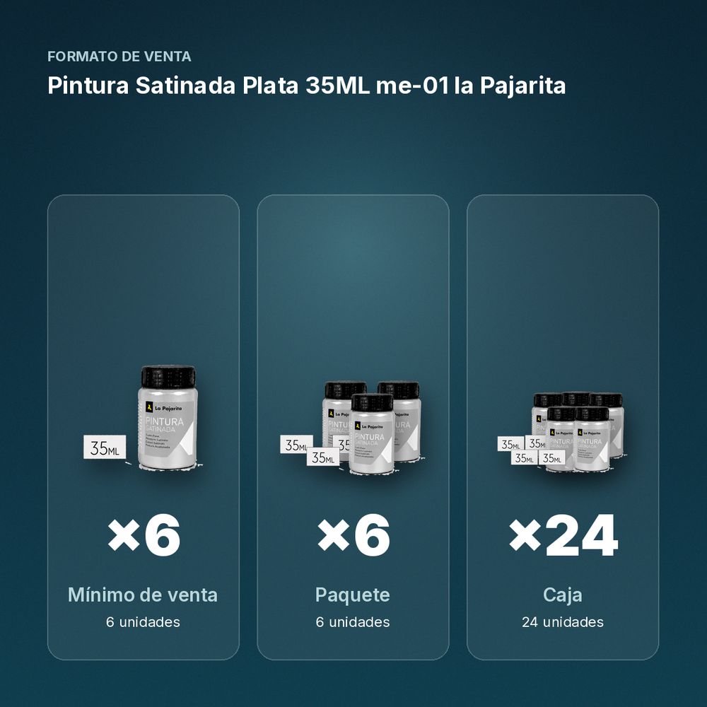 PINTURA SATINADA PLATA 35ML ME-01 LA PAJARITA - formato de venta: paquete de 6, caja de 24
