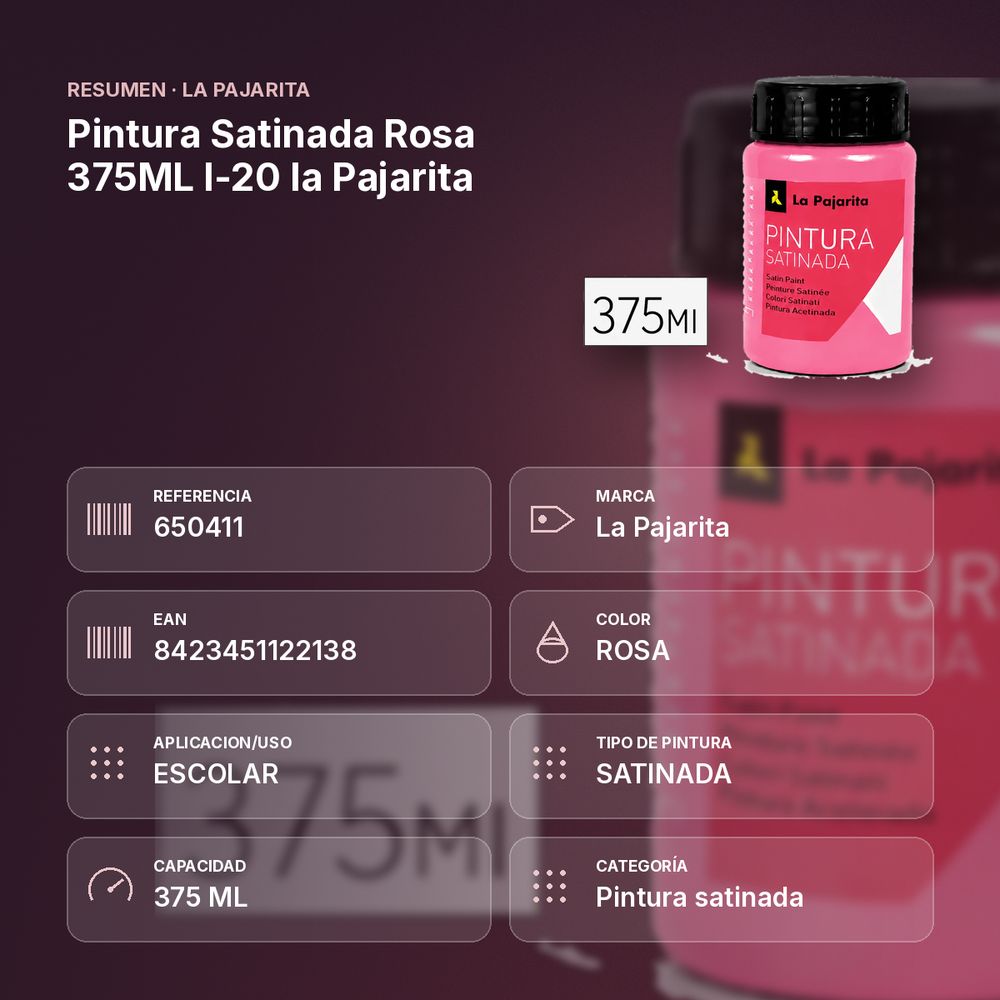 PINTURA SATINADA ROSA 375ML L-20 LA PAJARITA - resumen de atributos