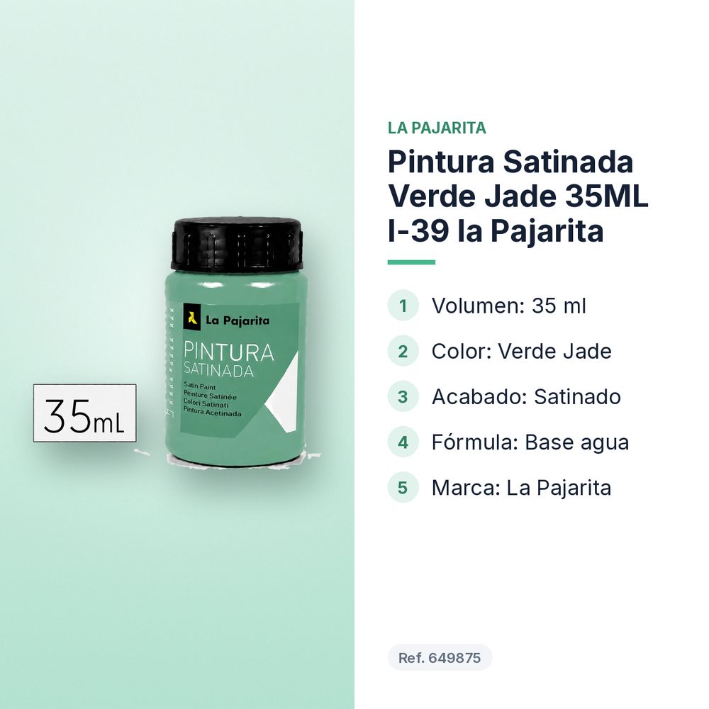 PINTURA SATINADA VERDE JADE 35ML L-39 LA PAJARITA - características principales