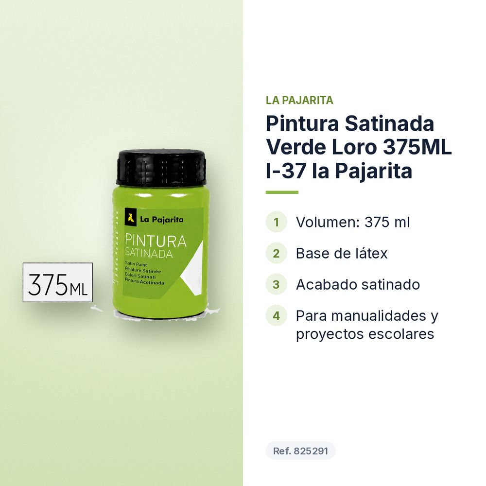 PINTURA SATINADA VERDE LORO 375ML L-37 LA PAJARITA - características principales