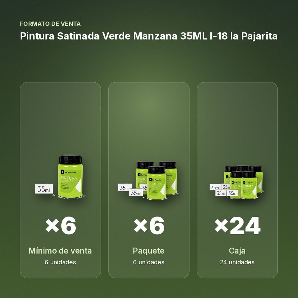 PINTURA SATINADA VERDE MANZANA 35ML L-18 LA PAJARITA - formato de venta: paquete de 6, caja de 24