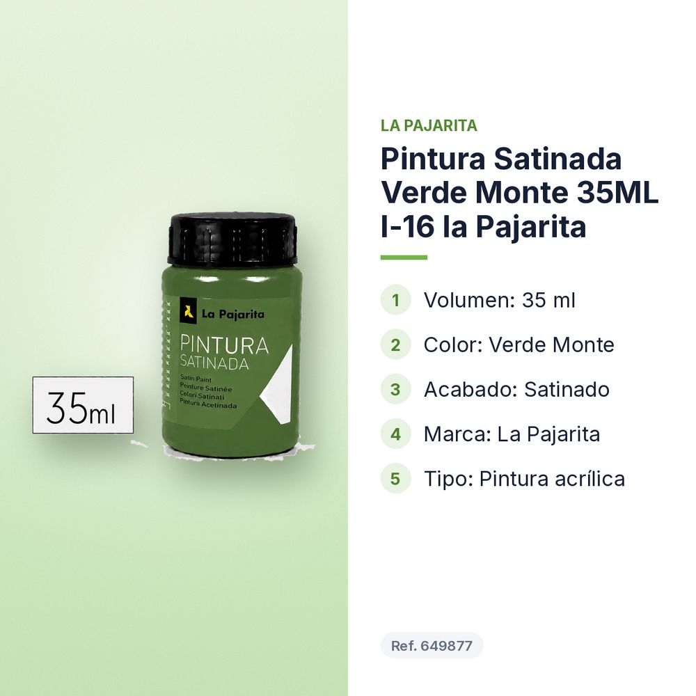 PINTURA SATINADA VERDE MONTE 35ML L-16 LA PAJARITA - características principales