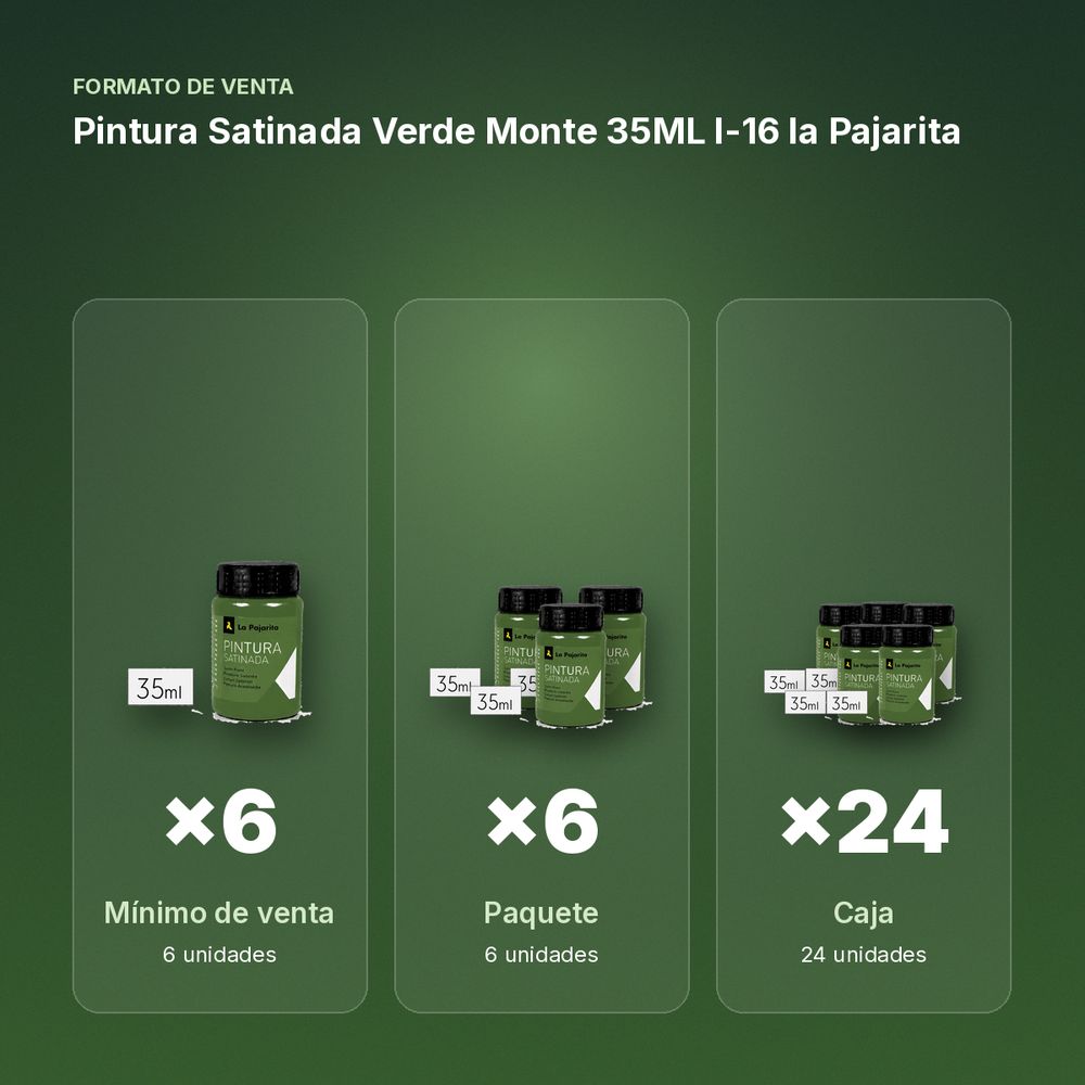 PINTURA SATINADA VERDE MONTE 35ML L-16 LA PAJARITA - formato de venta: paquete de 6, caja de 24