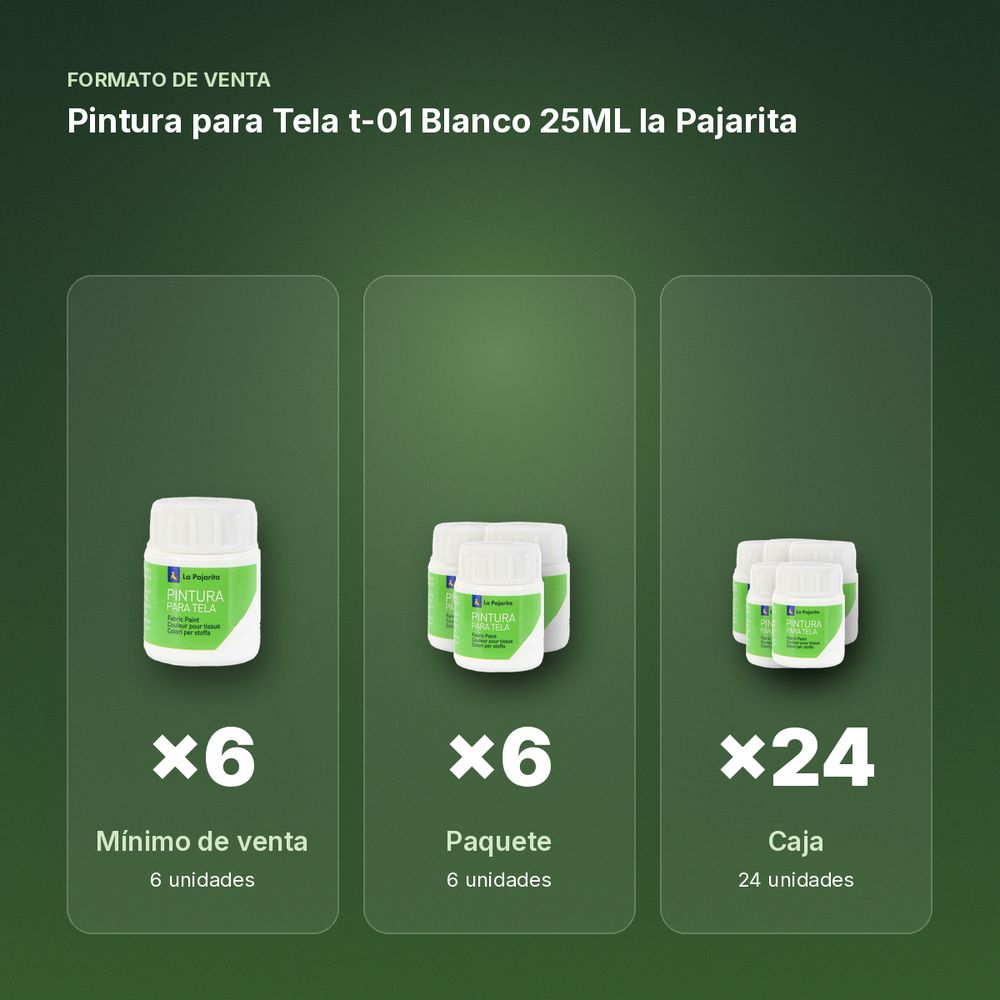 PINTURA PARA TELA T-01 BLANCO 25ML LA PAJARITA - formato de venta: paquete de 6, caja de 24