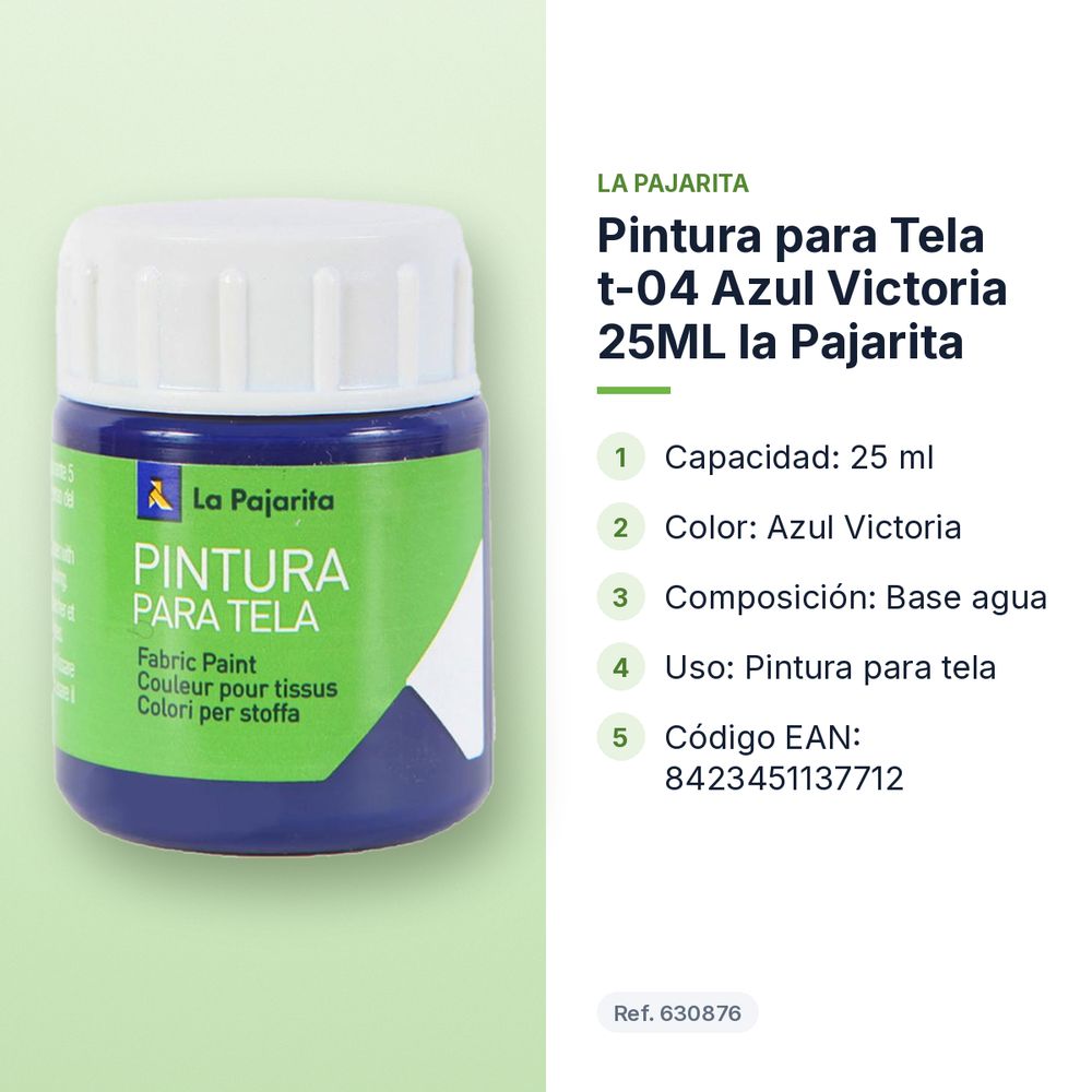 PINTURA PARA TELA T-04 AZUL VICTORIA 25ML LA PAJARITA - características principales