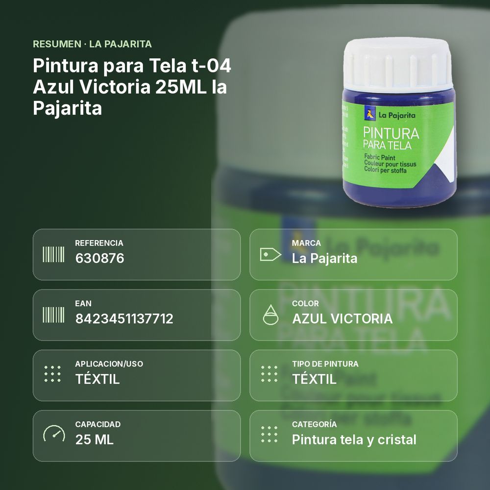 PINTURA PARA TELA T-04 AZUL VICTORIA 25ML LA PAJARITA - resumen de atributos