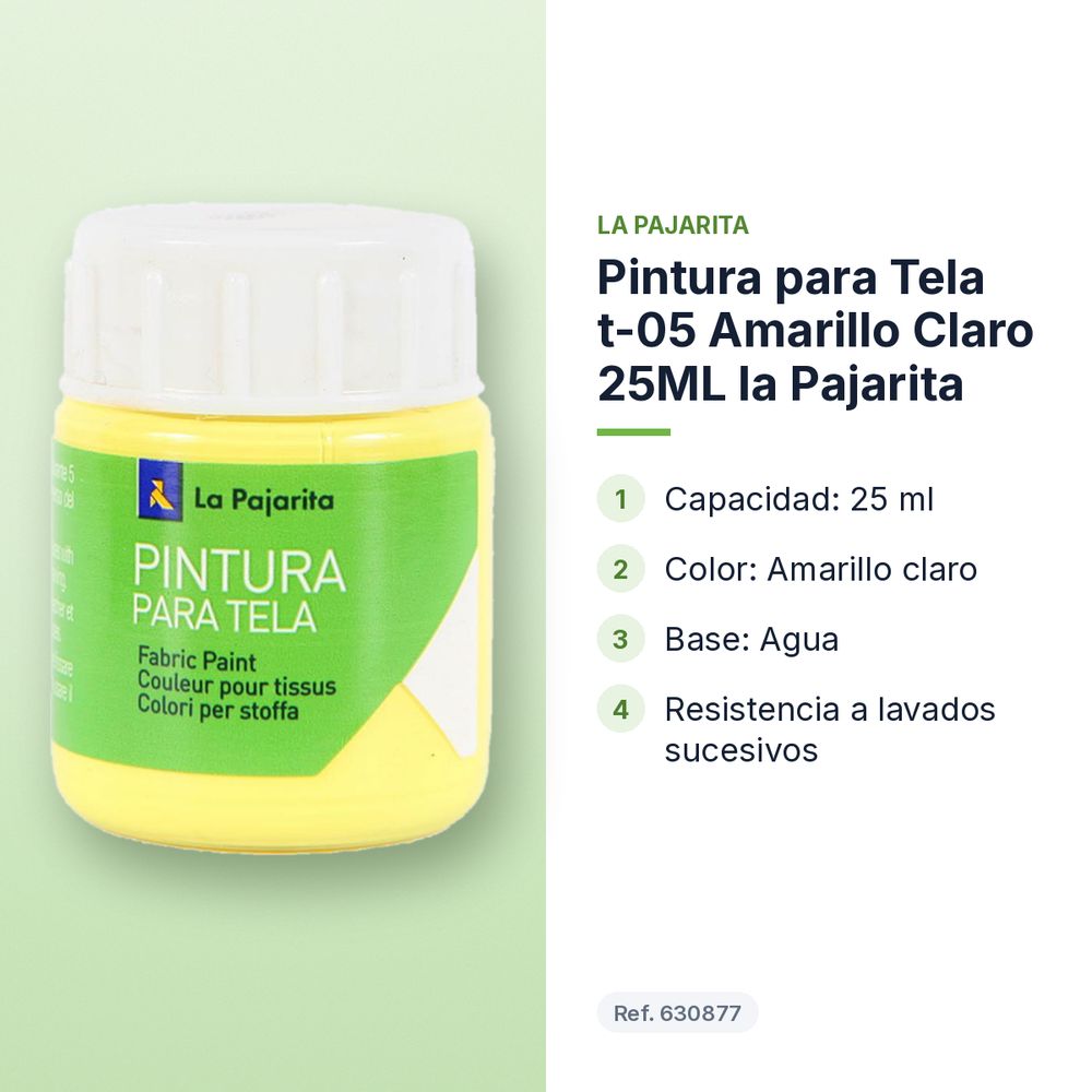 PINTURA PARA TELA T-05 AMARILLO CLARO 25ML LA PAJARITA - características principales