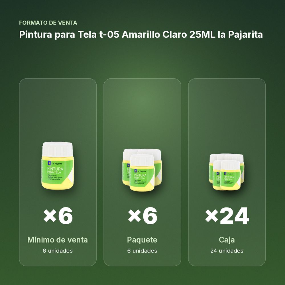 PINTURA PARA TELA T-05 AMARILLO CLARO 25ML LA PAJARITA - formato de venta: paquete de 6, caja de 24