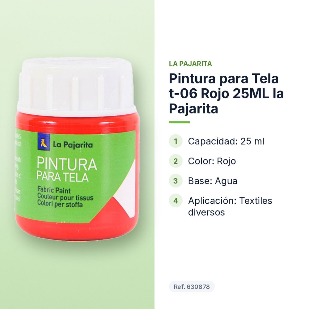 PINTURA PARA TELA T-06 ROJO 25ML LA PAJARITA - características principales