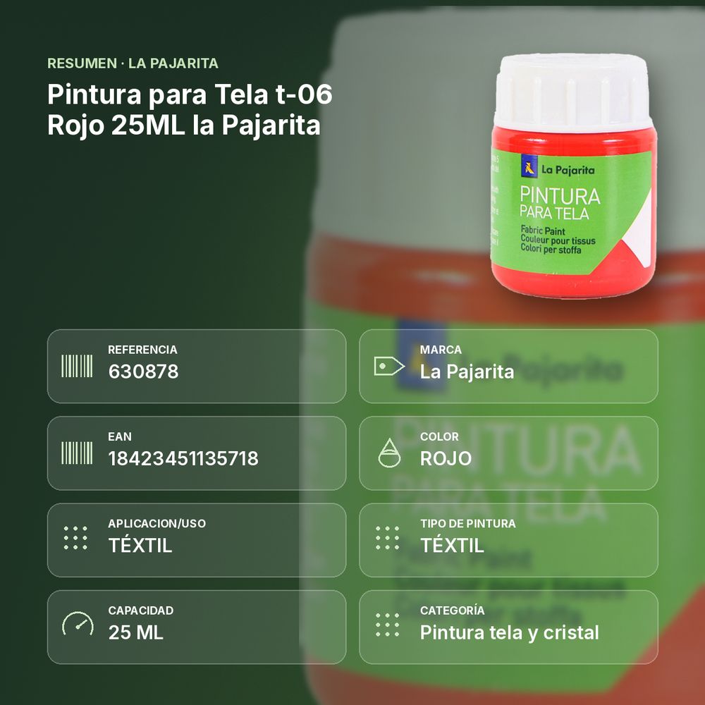 PINTURA PARA TELA T-06 ROJO 25ML LA PAJARITA - resumen de atributos