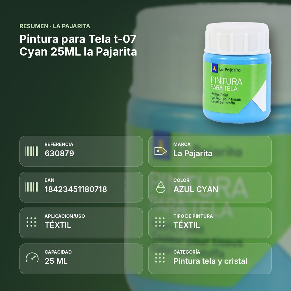 PINTURA PARA TELA T-07 CYAN 25ML LA PAJARITA - resumen de atributos