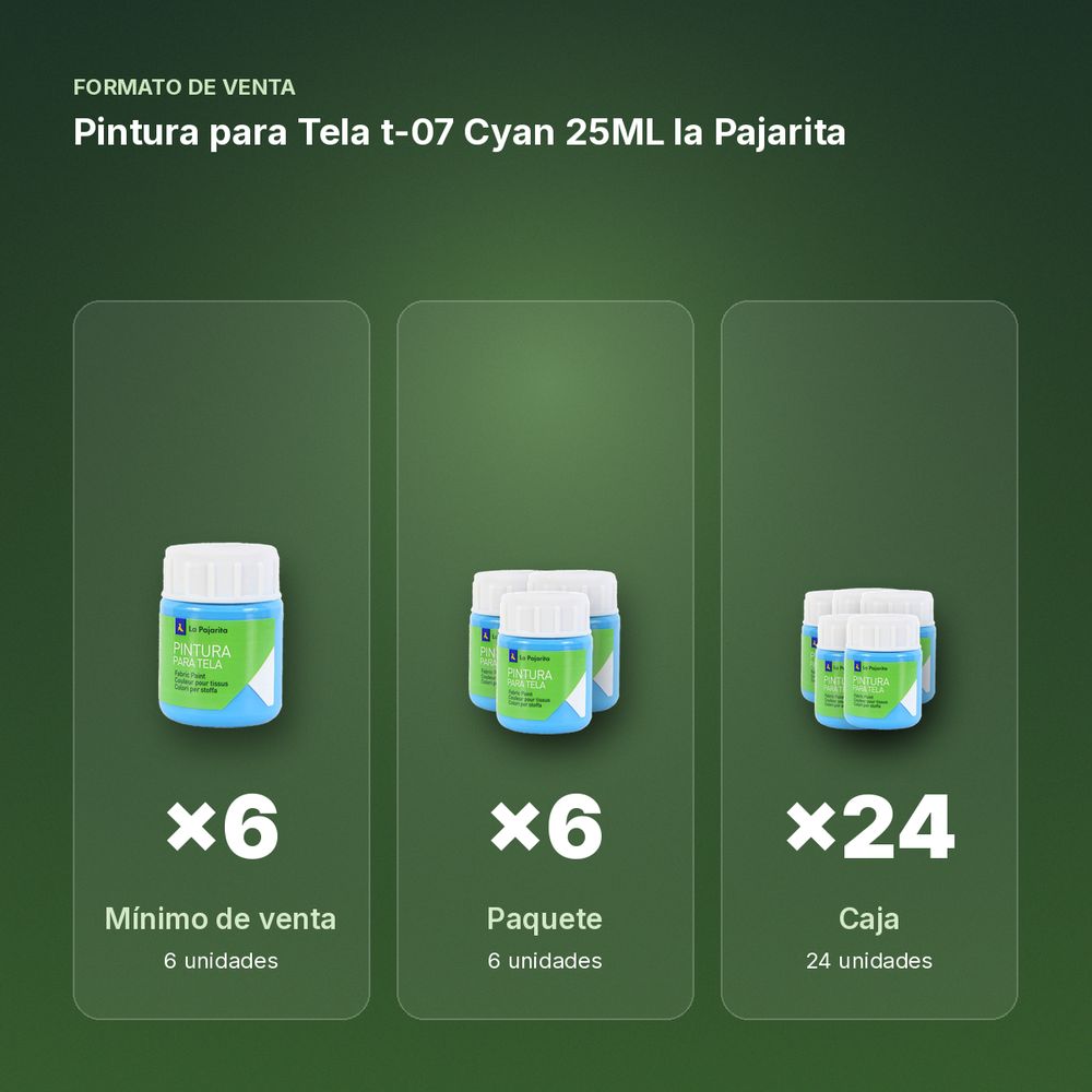 PINTURA PARA TELA T-07 CYAN 25ML LA PAJARITA - formato de venta: paquete de 6, caja de 24