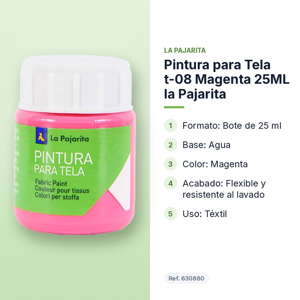 PINTURA PARA TELA T-08 MAGENTA 25ML LA PAJARITA - características principales