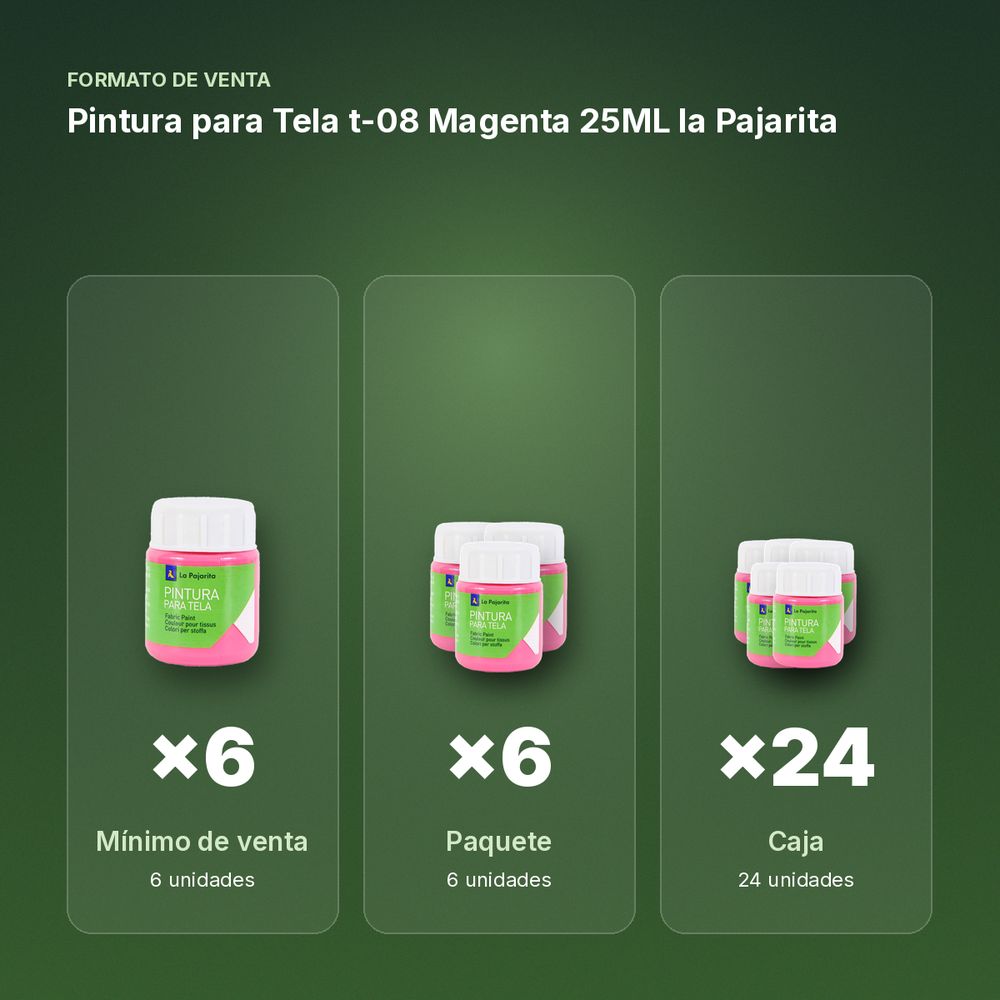 PINTURA PARA TELA T-08 MAGENTA 25ML LA PAJARITA - formato de venta: paquete de 6, caja de 24
