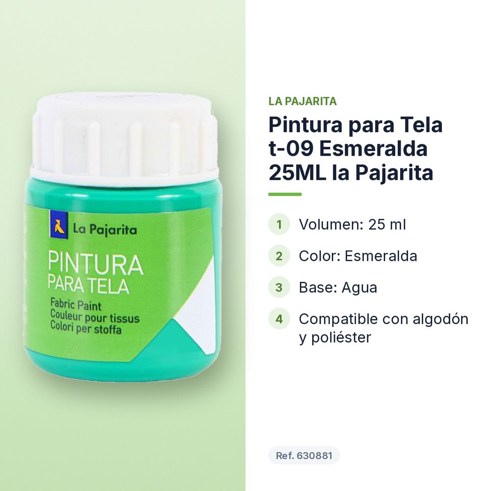 PINTURA PARA TELA T-09 ESMERALDA 25ML LA PAJARITA - características principales