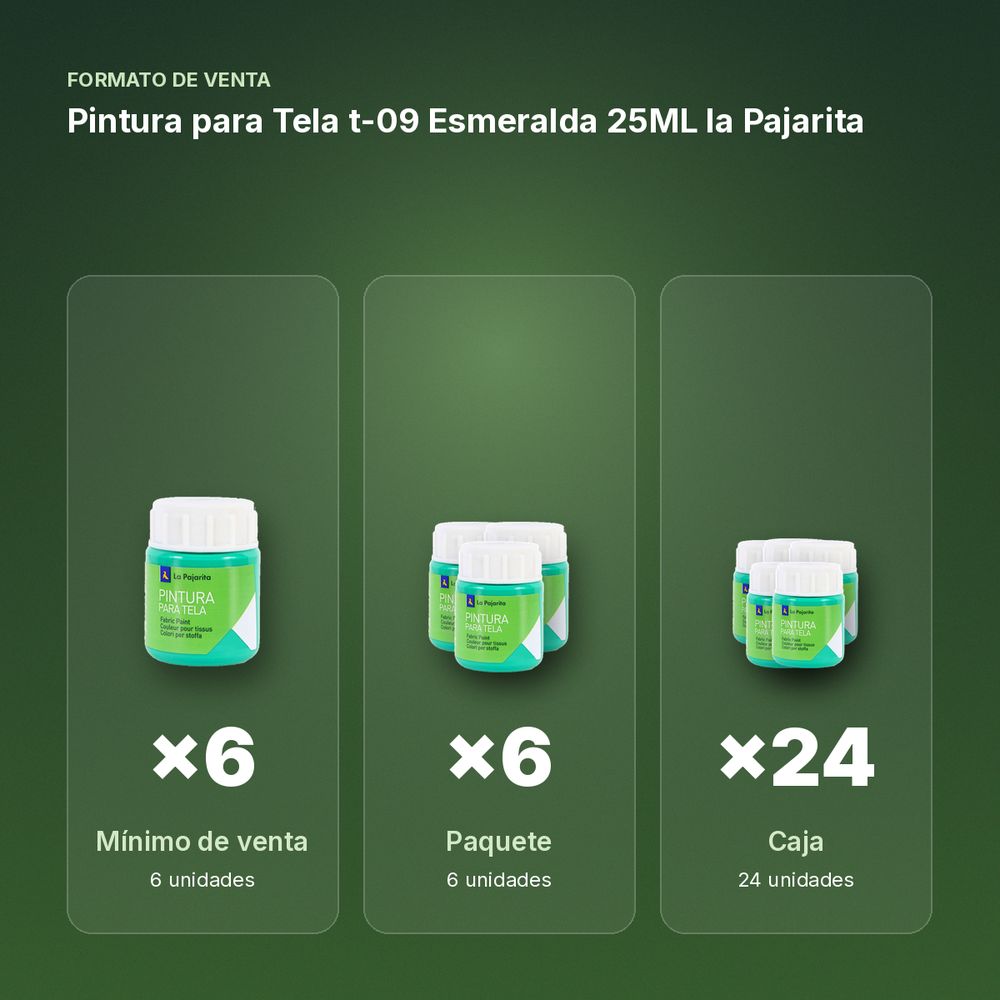 PINTURA PARA TELA T-09 ESMERALDA 25ML LA PAJARITA - formato de venta: paquete de 6, caja de 24