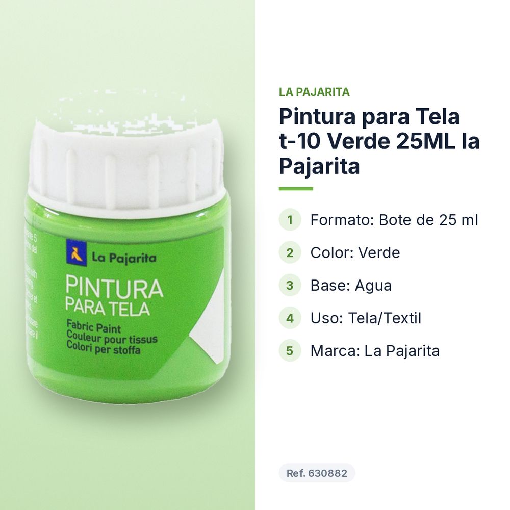PINTURA PARA TELA T-10 VERDE 25ML LA PAJARITA - características principales
